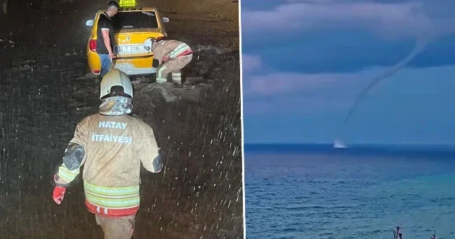 Hatay ı sağanak vurdu! Çukurlara araçlar düştü, hortum oluştu
