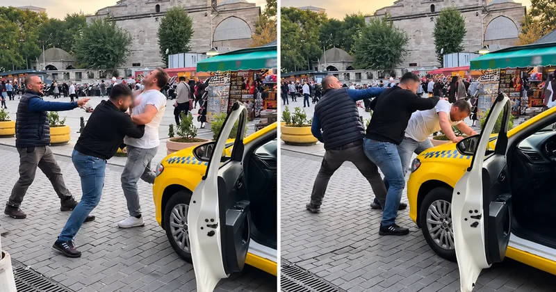 Çemberlitaş ta taksicilerin yolcu kavgası kamerada: Sokak ortasında yumruklaştılar