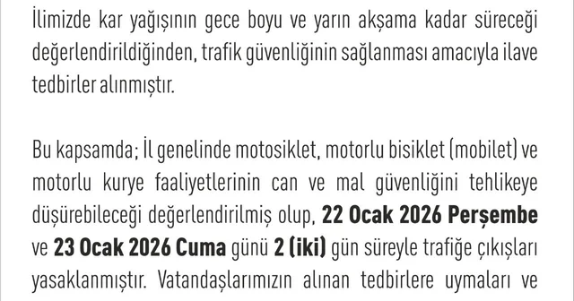 Elazığ da motosiklet, mobilet ve motorlu kuryelerin trafiğe çıkışları yasaklandı Elazığ Haberleri