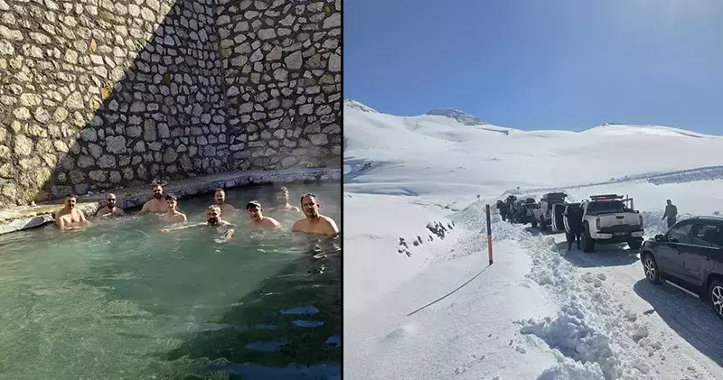 Off road ekibi, kışın ortasında 50 derece sıcaklıktaki kaplıcada yüzdü