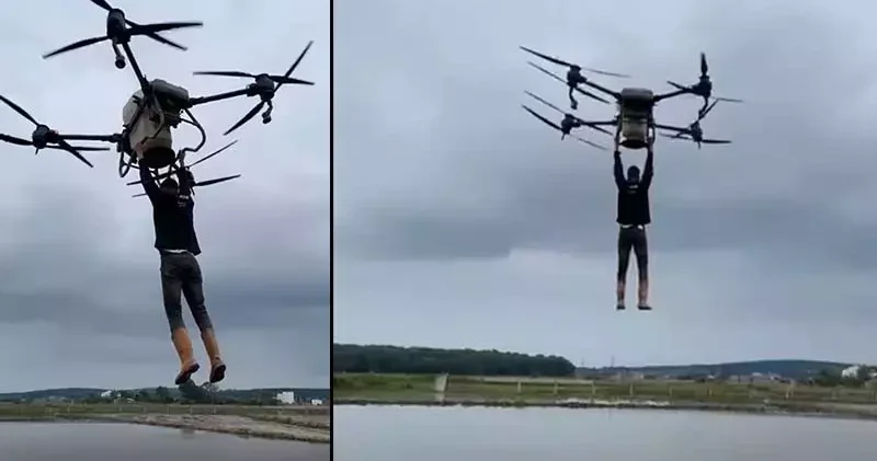 Çiftçi, drona tutunarak tarlanın diğer tarafına geçti