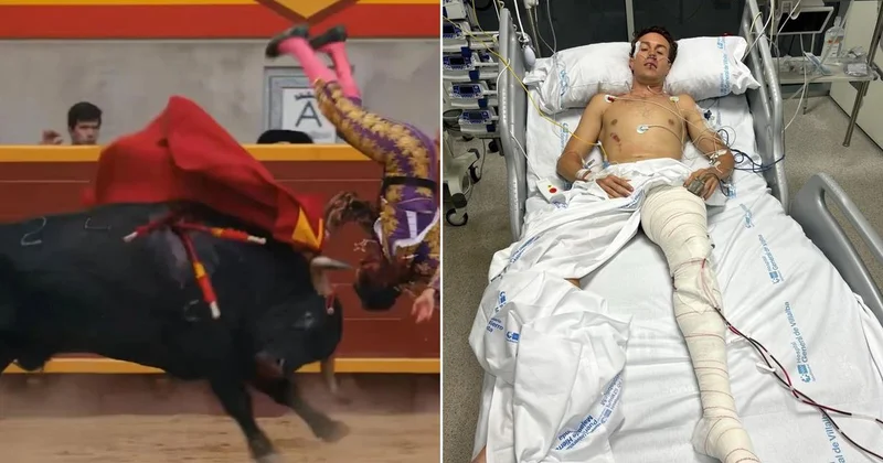 Boğanın hedefi olan genç matador ölümle pençeleşiyor