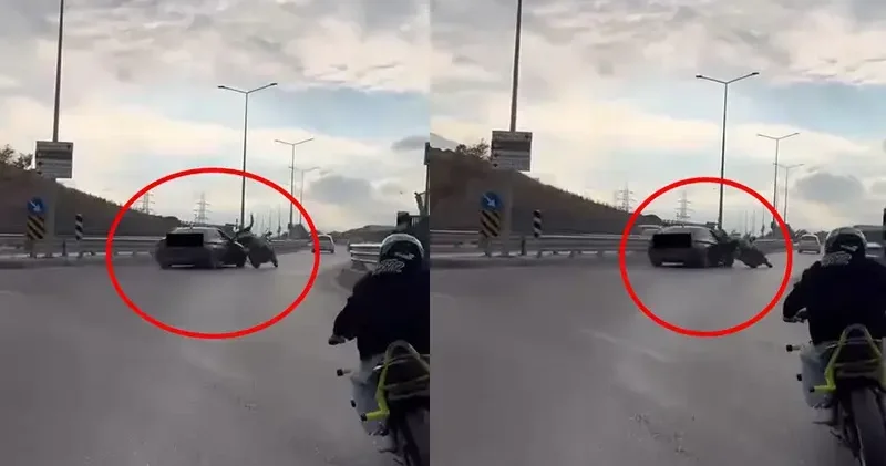 Sürücünün drift attığı otomobilin motosiklete çarptığı kaza kask kamerasında