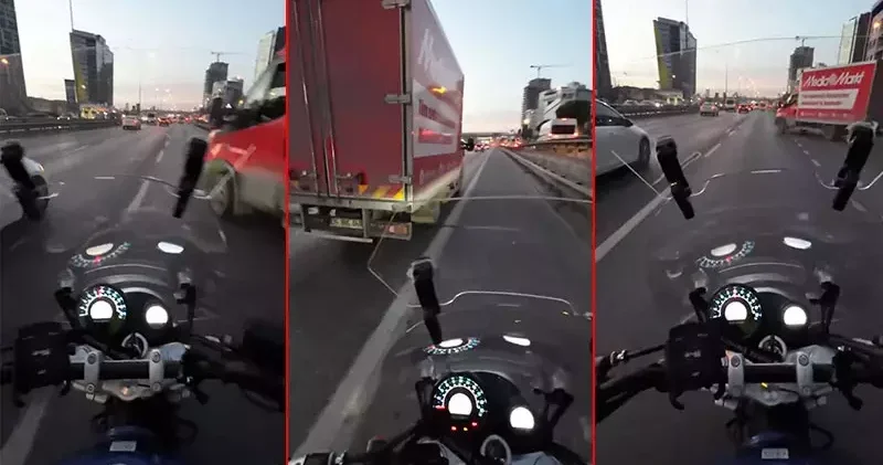 Kartal D 100 de kamyonet yasak yerden yola girdi, motosikletli son anda kurtuldu