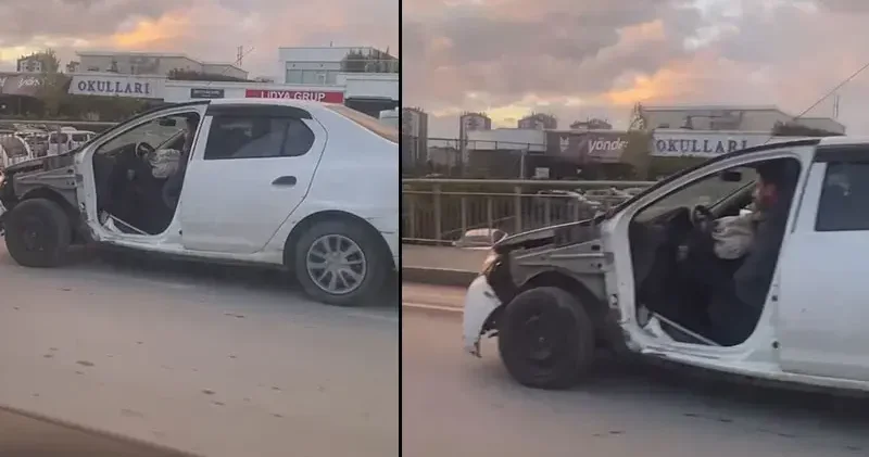Başakşehir de kapısı olmayan otomobille trafikte seyreden sürücü kamerada