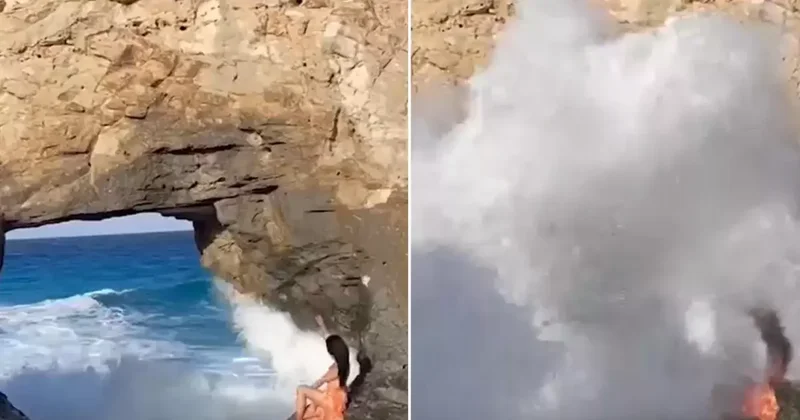 Fotoğraf uğruna canından oluyordu: Dev dalga turisti denize sürükledi