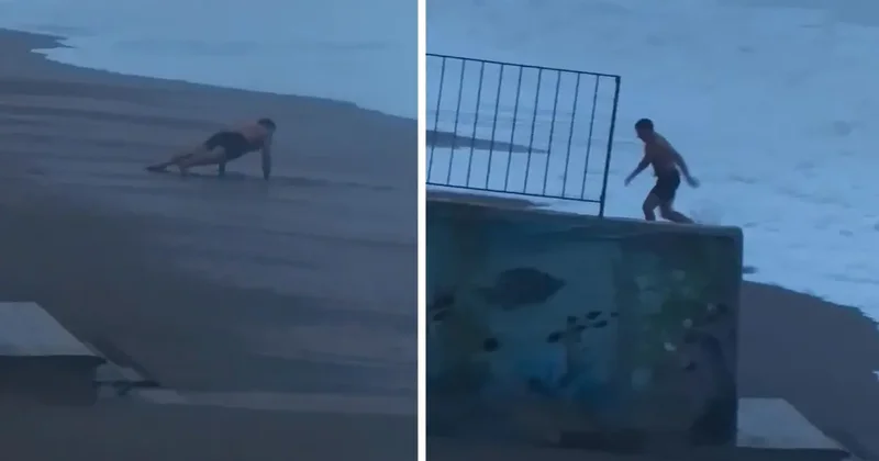 Sahilde şınav çekti, 2 metrelik dalgaları görünce koşarak kaçtı