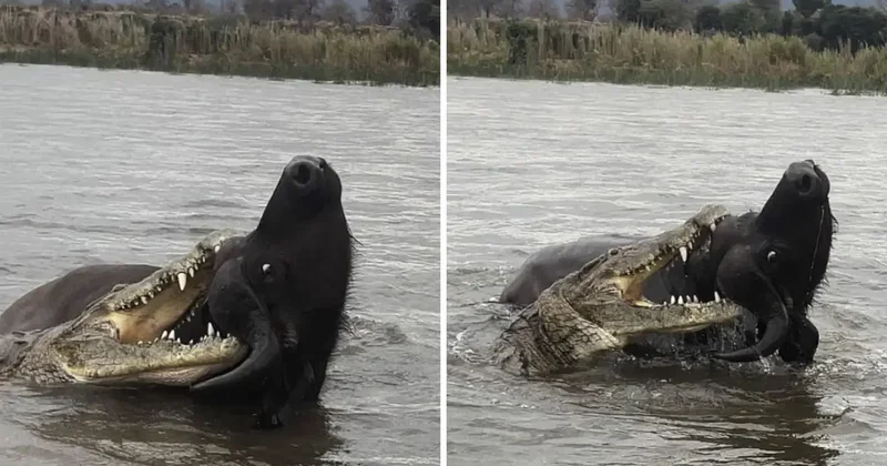 Nefes kesen anlar: Timsahın saldırdığı bufalo mucizevi şekilde kurtuldu