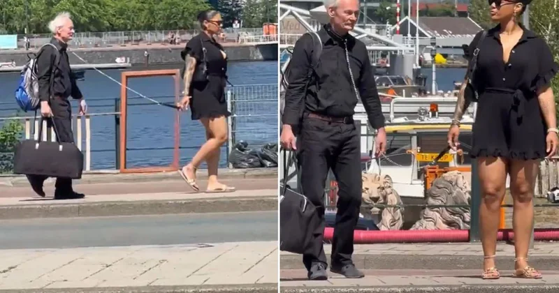 Amsterdam da olay görüntü! Tasma takıp sokak boyunca gezdirdi