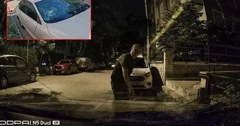 Komşusunun otomobiline tuğlayla zarar verdi, olay araç kamerasına yansıdı
