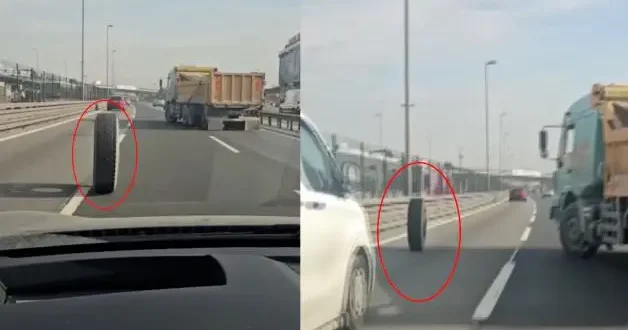 İstanbul E 5 te faciadan dönüldü: Seyir halindeki kamyonun iki tekerleği yerinden çıktı!
