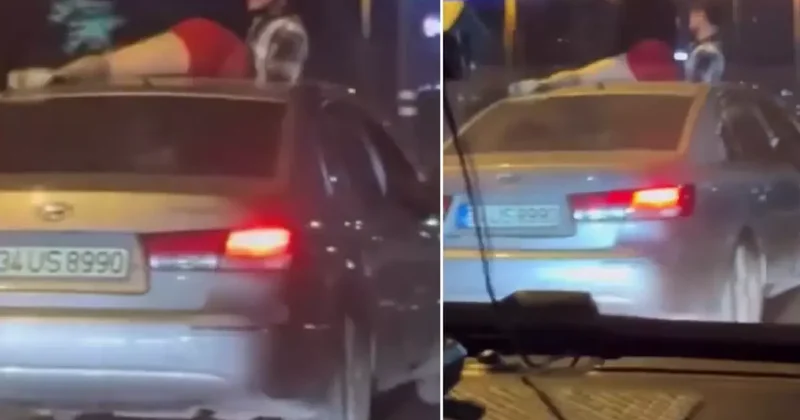 Seyir halindeki otomobilin tavanında twerk yapmaya çalıştı