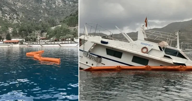 Marmaris te su alıp yarısı batan tekneden yakıt sızıntısına karşı önlem alındı Muğla Haberleri