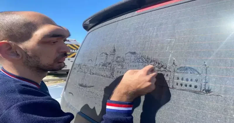 Fırça yok, tuval yok... Sanatını tozlu camlarda konuşturuyor! Görenler hayran kalıyor