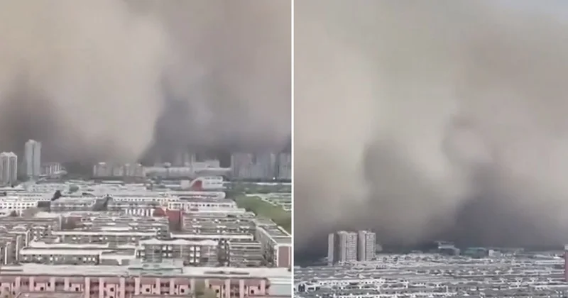 Görüntü Çin’in Sincan bölgesinden! Devasa bir toz bulutu oluştu