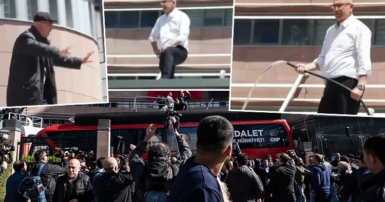 CHP Genel Merkezi nde dikkat çeken anlar: Özel destekçileri parti otobüslerini bina önüne çekti, Mahmut Tanal hortumla bekliyor