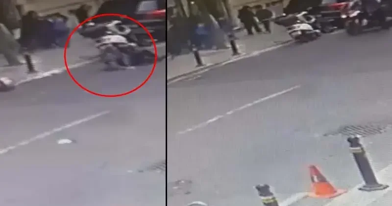 Şişli de yolun karşısına geçen kişiye motosiklet çarptı; kaza kamerada
