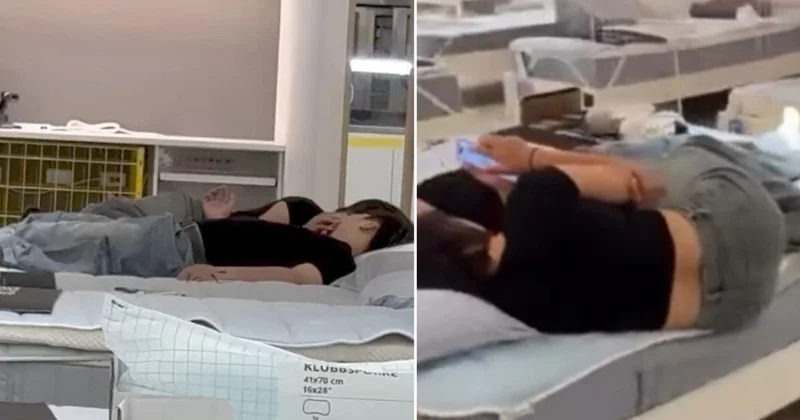 Mobilya mağazasında skandal görüntü! Çevredekilere aldırış etmediler