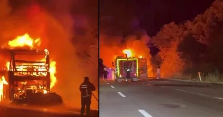 Yolcu otobüsü alev alev yandı! Yolcular tahliye edildi