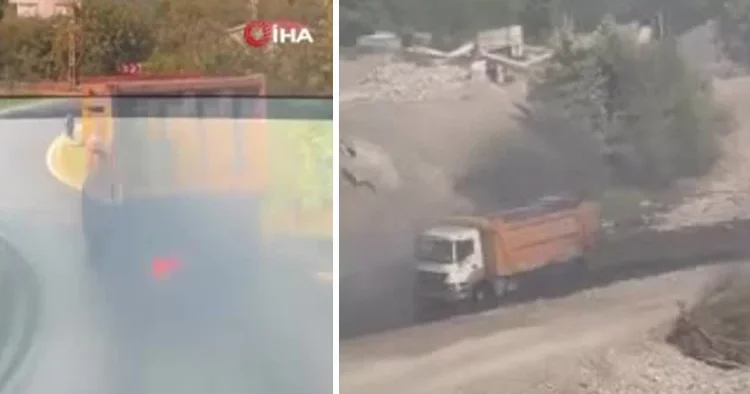 Balataları yanan kamyonu dereye sürerek kurtardı
