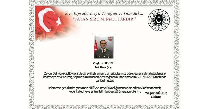 Zeytin Dalı Harekat bölgesinde görevi sırasında rahatsızlanan asker şehit oldu