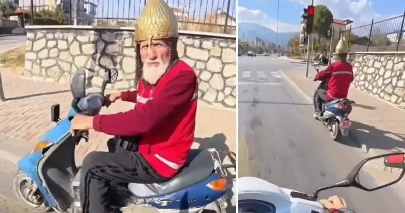 Kask yerine miğfer: Bu dedeyi görenler hem şaşırıyor hem gülümsüyor Denizli Haberleri