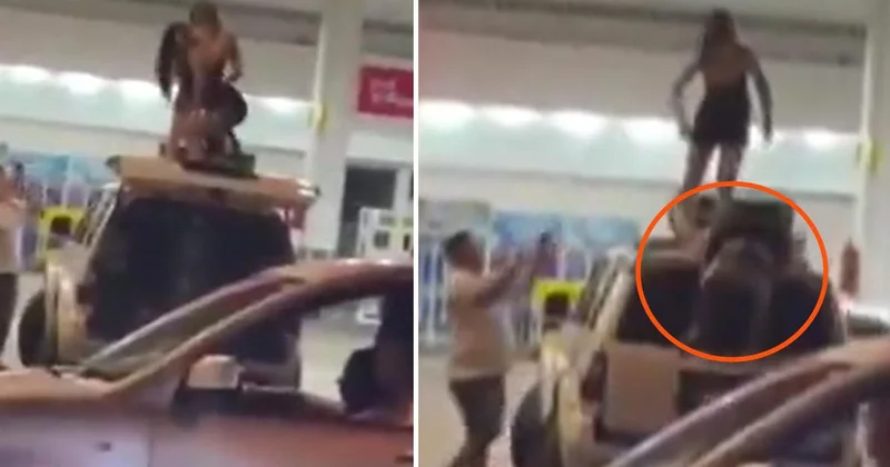 Benzin istasyonunda twerk faciası: Aracın üstünden yere çakıldı