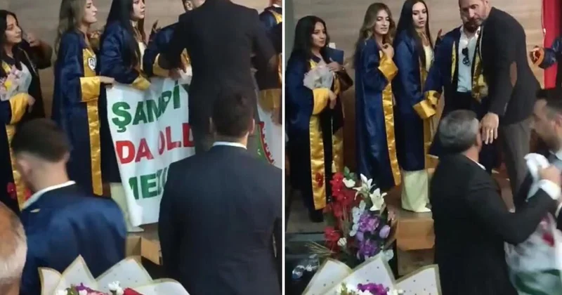 Mezuniyet töreninde kriz çıkartan pankart! Zorla ellerinden aldılar