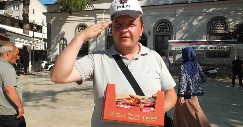 Burhaniye’de Polis şapkalı seyyar satıcı ilgi odağı oldu