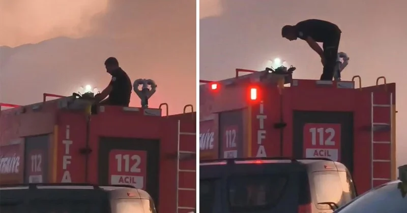 Yangını söndürdü, vakit daralınca itfaiye aracının üstünde namaz kıldı