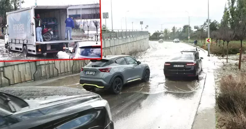 Başakşehir de su biriken yolda kalan motosikletliye kamyonet şoförü yardım etti