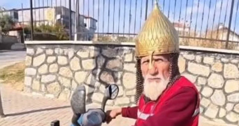 Miğfer takan yaşlı adam görenleri şaşırttı!