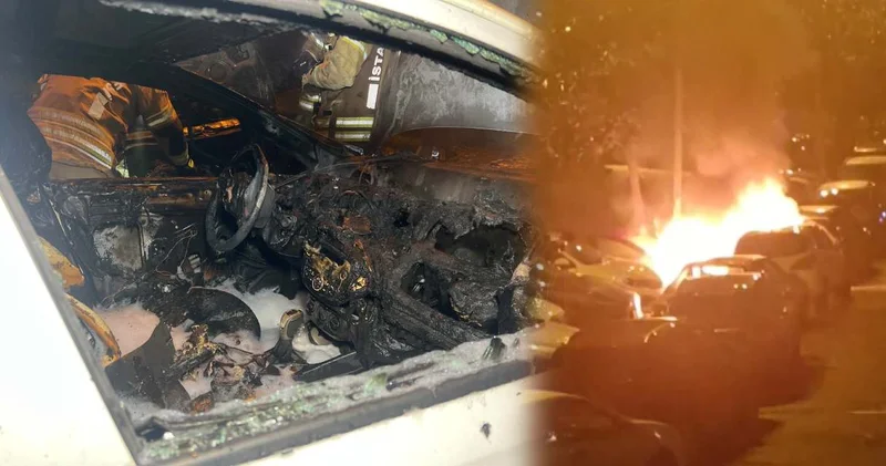 Beşiktaş ta park halindeki 4 araç alev alev yandı