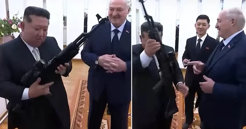 Görüşmeye damga vuran görüntü! Lukaşenko, Kim e taarruz tüfeği hediye etti