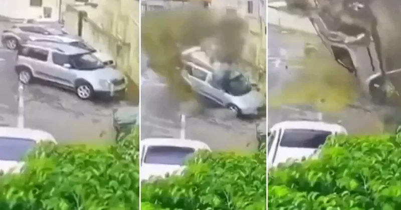 Görüntü İsrail den! İran füzesi doğrudan bir otomobili vurdu