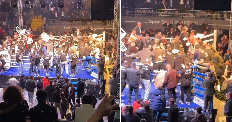 Trabzon daki boks maçında büyük kavga! Ringe onlarca kişi girdi, yumruklar havda uçuştu