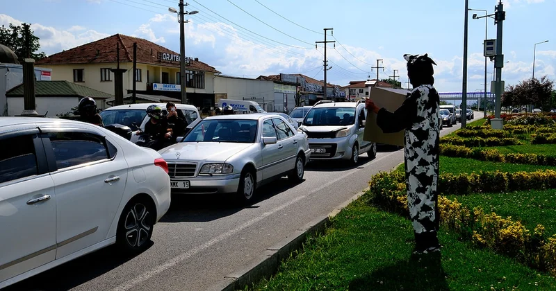 İnek kostümüyle yol kenarına geçti, açtığı pankartla sürücüleri gülümsetti Sözcü Gazetesi