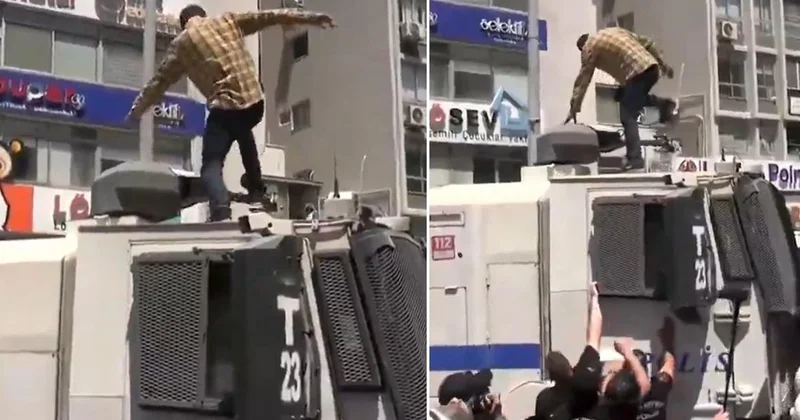 Özel in mitinginde büyük gerginlik! TOMA nın üzerine çıkıp tekmeler salladı