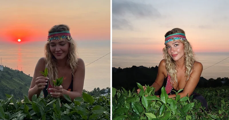 Melisa Döngel Karadeniz’den kopamıyor! Bu kez çay topladı