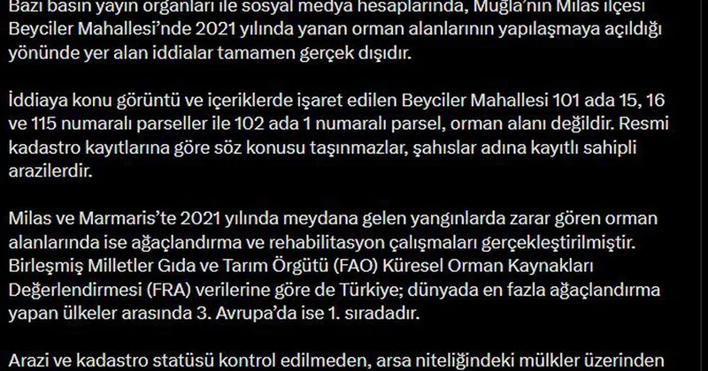 Milas taki yanan orman iddiası yalanlandı