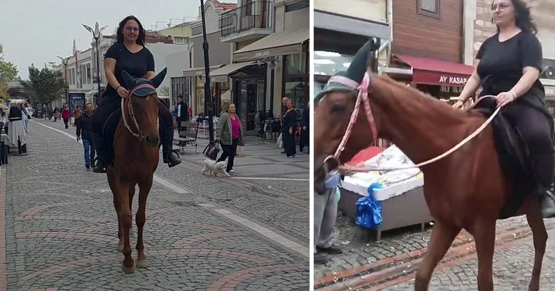 Edirne de İpsala dan aldığı atla gezen kadın vatandaşları hayrete düşürdü