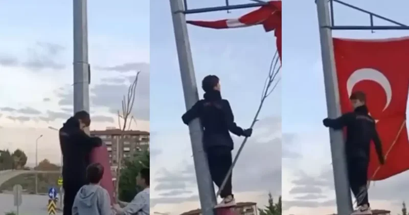 Bursa’da çocukların Türk bayrağı hassasiyeti: Direğe tırmanıp düzelttiler