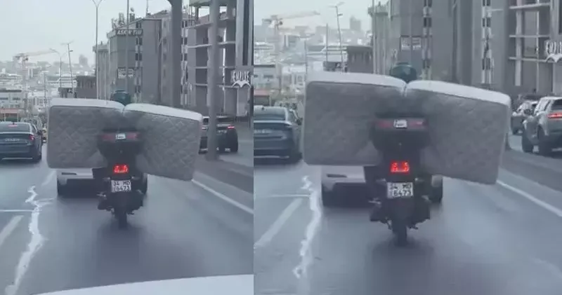 Beylikdüzü nde motosikletle yatak taşıdı