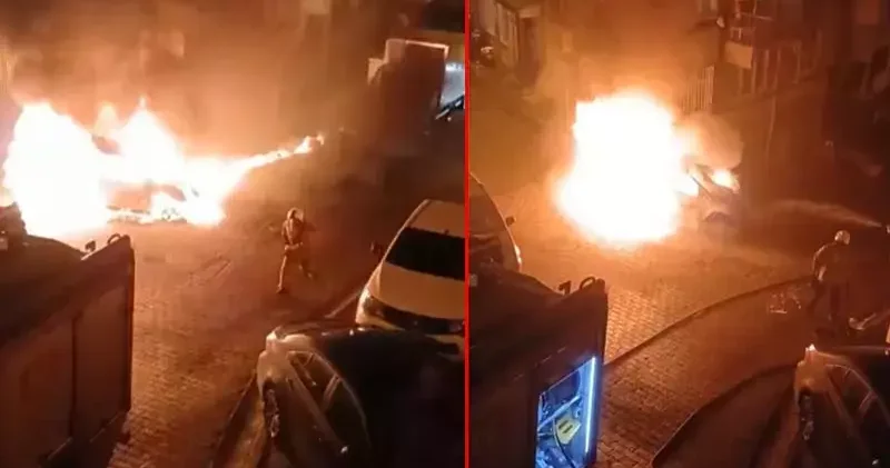 Kağıthane’de 1 saat önce park ettiği otomobil alev topuna döndü; mahalleli panik yaşadı