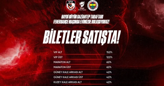 Gaziantep FK Fenerbahçe kupa maçı biletleri satışta En düşük bilet fiyatı bin 427 TL, misafir tribün bilet fiyatı bin 855 TL oldu Gaziantep Haberleri