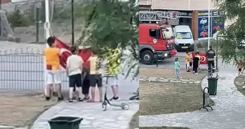 Düşen Türk bayrağına çocuklar sahip çıktı
