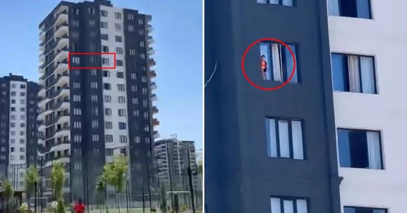 12 nci katta yürekleri ağza getiren anlar! Çocuk pencereye çıktı