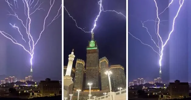 Mekke de Mescid i Haram a yağmur yağdı, şimşekler gökyüzünü aydınlattı