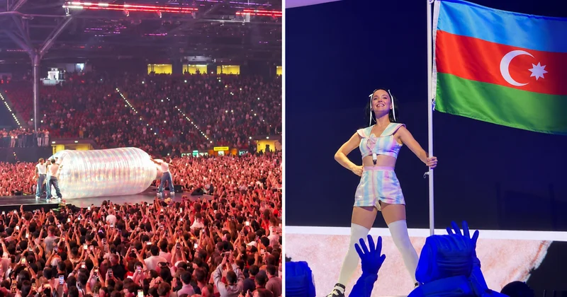 Katy Perry’den Azerbaycan’da sıra dışı sahne şovu! Dev şişenin içine girdi