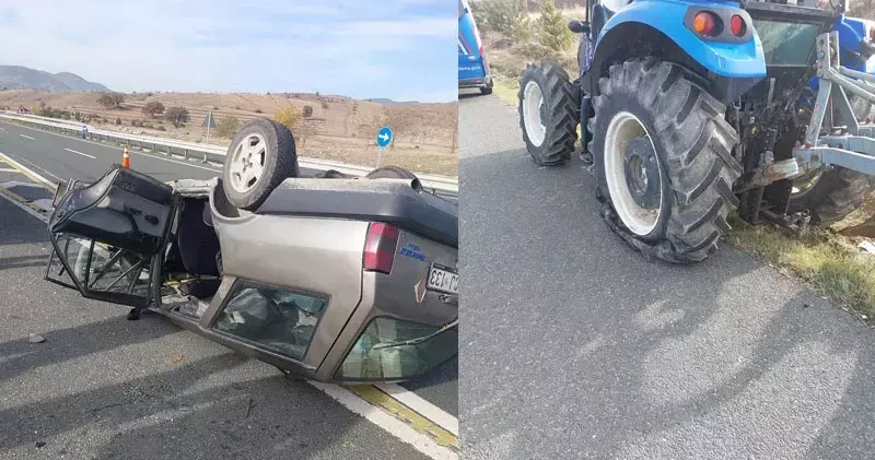 Traktöre çarpan otomobil devrildi: 5 yaralı